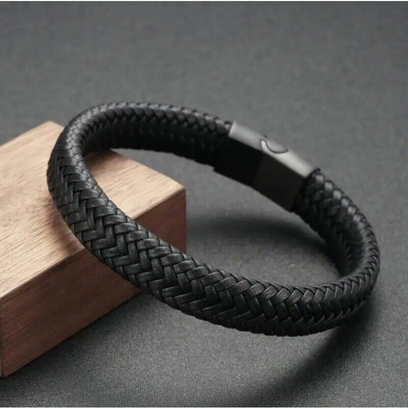 Black Bracelet Men's Braided Leather Bangle Stainless Steel Cuff Wristband