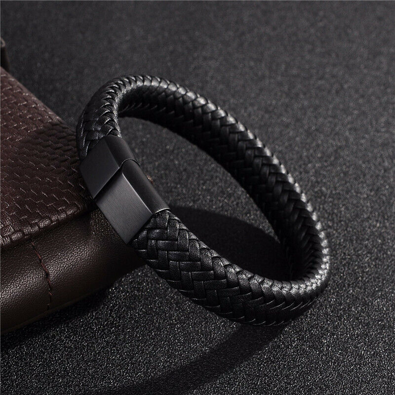 Black Bracelet Men's Braided Leather Bangle Stainless Steel Cuff Wristband